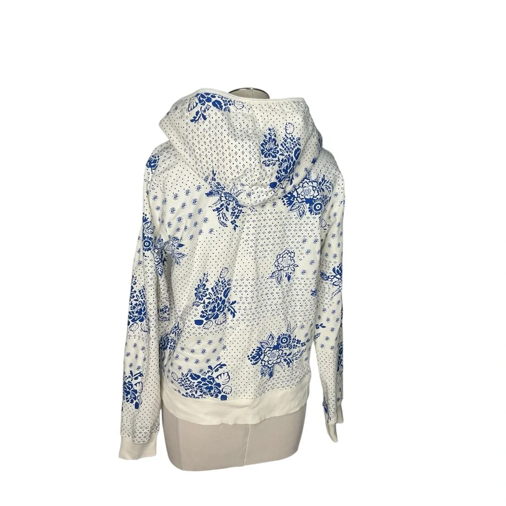 Reverse Blue White Floral Zip Hoodie Jacket Cottagecore Size L - Picture 3 of 6
